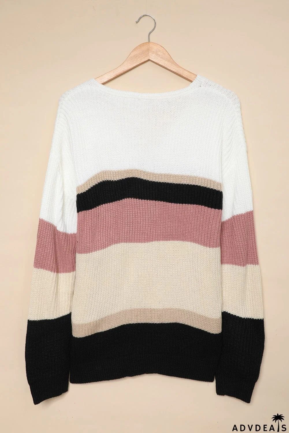 Khaki Colorblock V Neck Ribbed Knitted Sweater