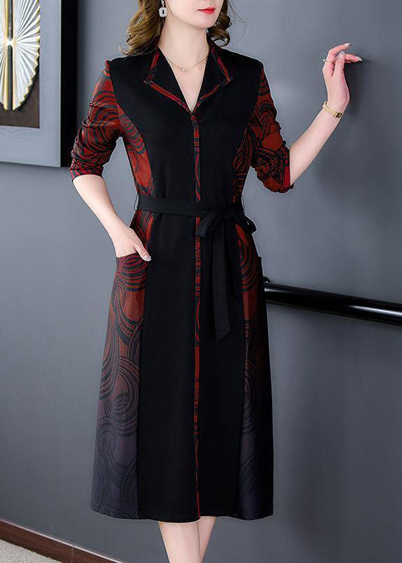 VCSHOES Red V Neck Patchwork Print Silk Cinch Dress Fall