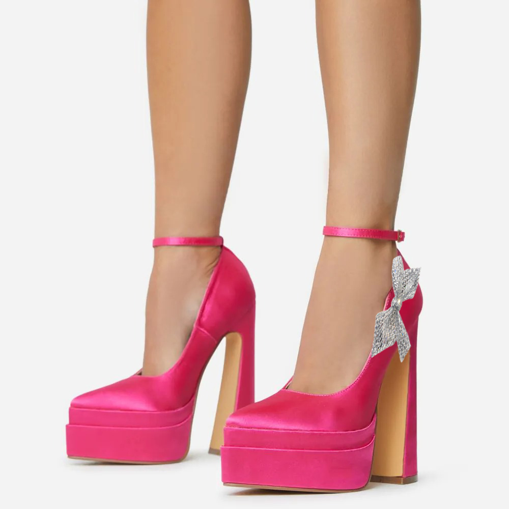 Pink Satin Pointed Toe Chunky Heel Platform Pumps with Bow-Knot Nicepairs