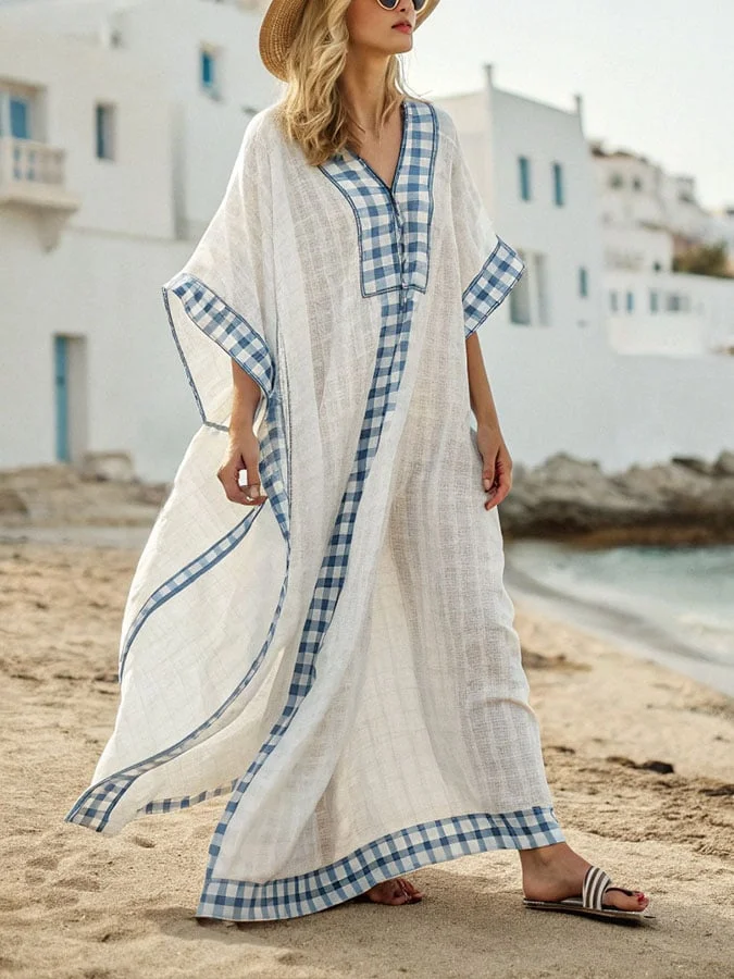 Women'S Holiday Casual V-Neck Half-Sleeve Contrast Color Plaid Print Cotton And Linen Dress 