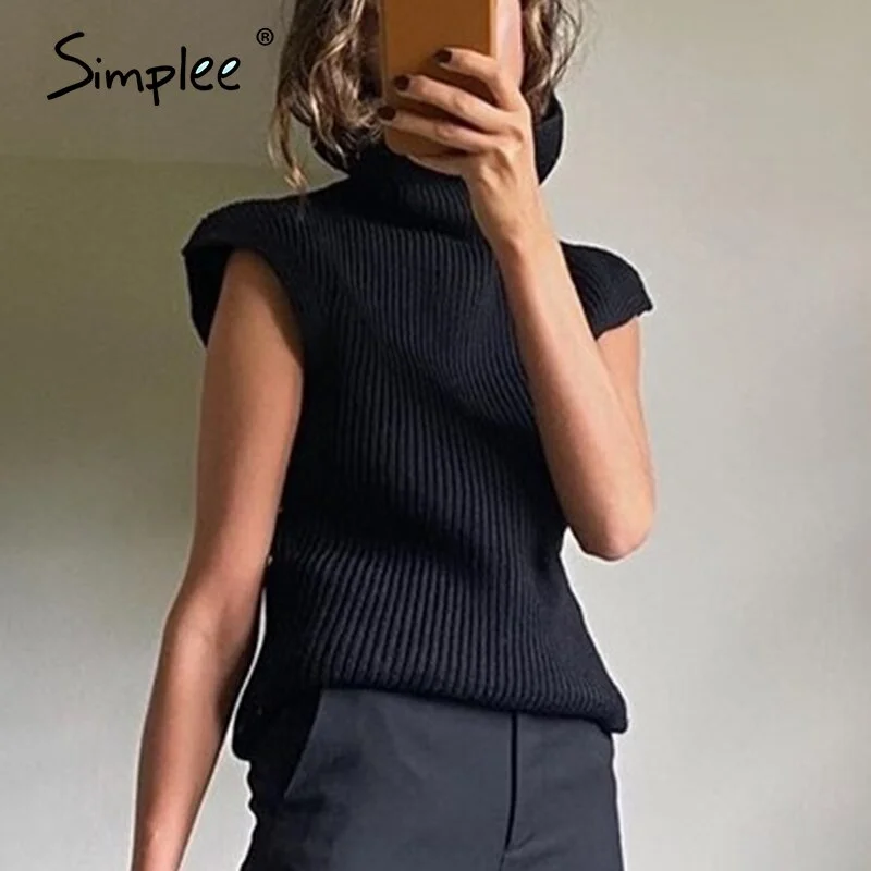 Simplee Casual high neck Sleeveless women's sweater vest With Shoulder Pads Knitted Pullover Fashion Autumn Winter jumper Tops