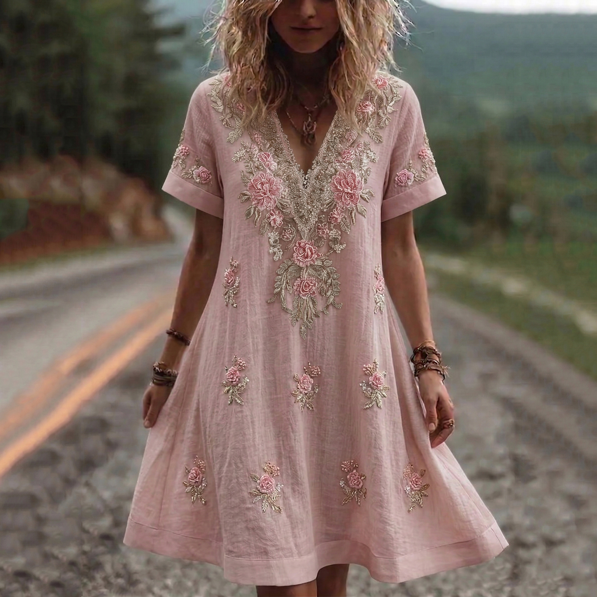 Women's Retro Pink Rose Floral Art Short Sleeve Mini Dress elevenforest
