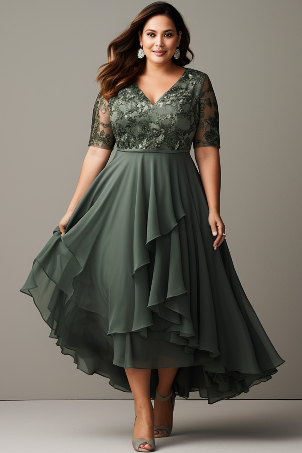 Flycurvy Plus Size Mother Of The Bride Gray Green Lace Asymmetrical Hem Overlay Tea-length Dress 2024 - Flycurvy 