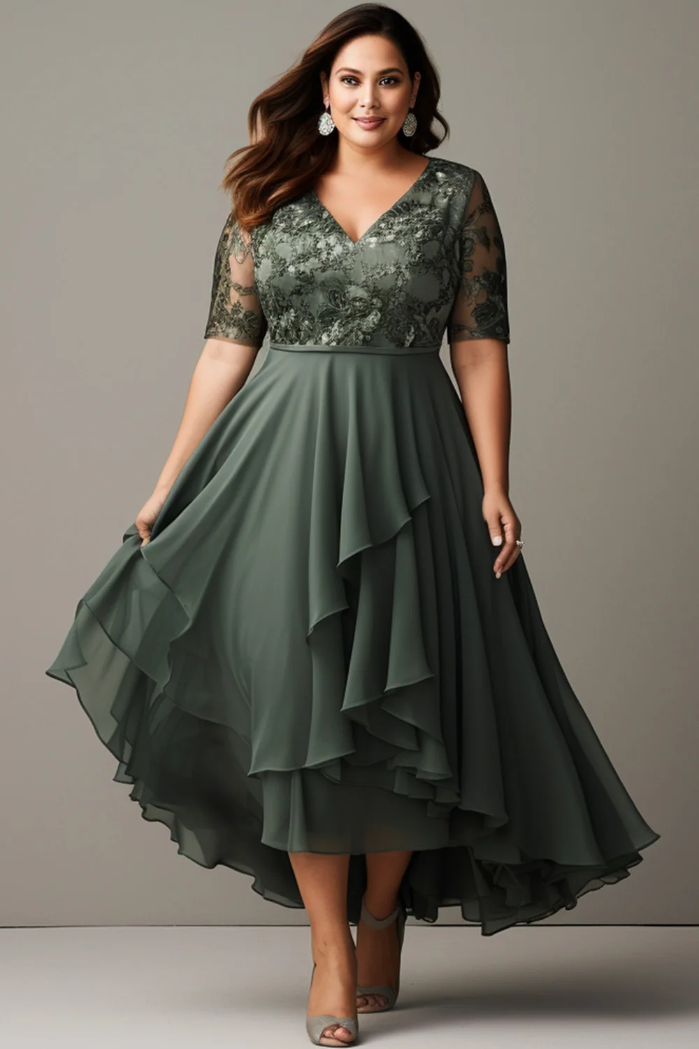 Flycurvy Plus Size Mother Of The Bride Gray Green Lace Asymmetrical Hem  Overlay Tea-length Dress- Flycurvy
