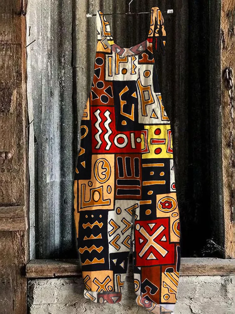 African Vintage Symbol Printed Women's Linen Jumpsuit
