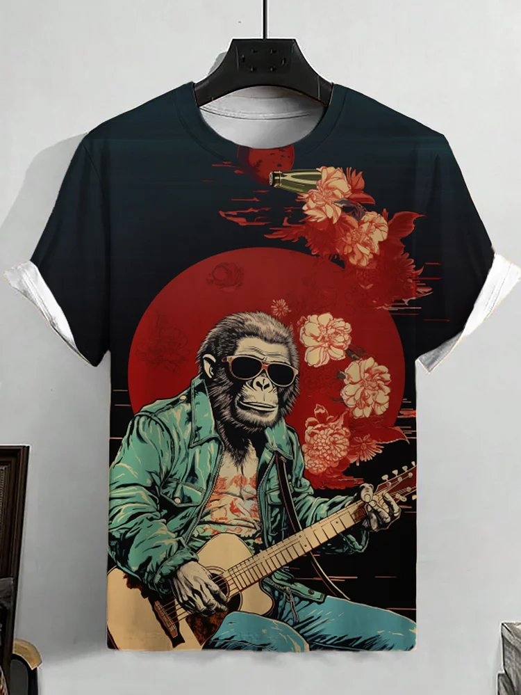 Men's Rock Gorilla Playing Guitar Japanese Art Print Casual T-Shirt