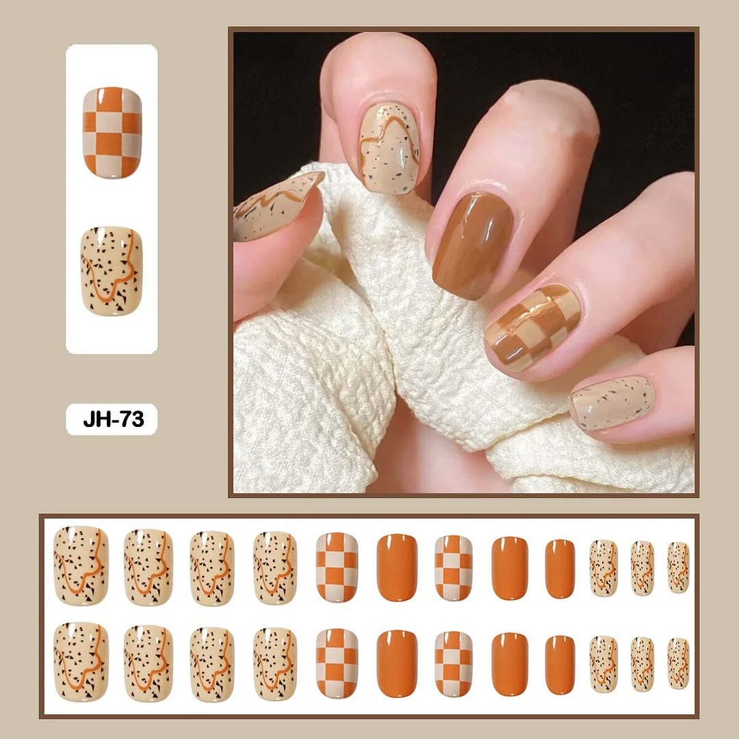 24pcs/box Classic Checkerboard Pattern Geometric Simplicity Nail Art Short False Nails With Glue Fake Nails With Wearing Tools-Nail Inspo