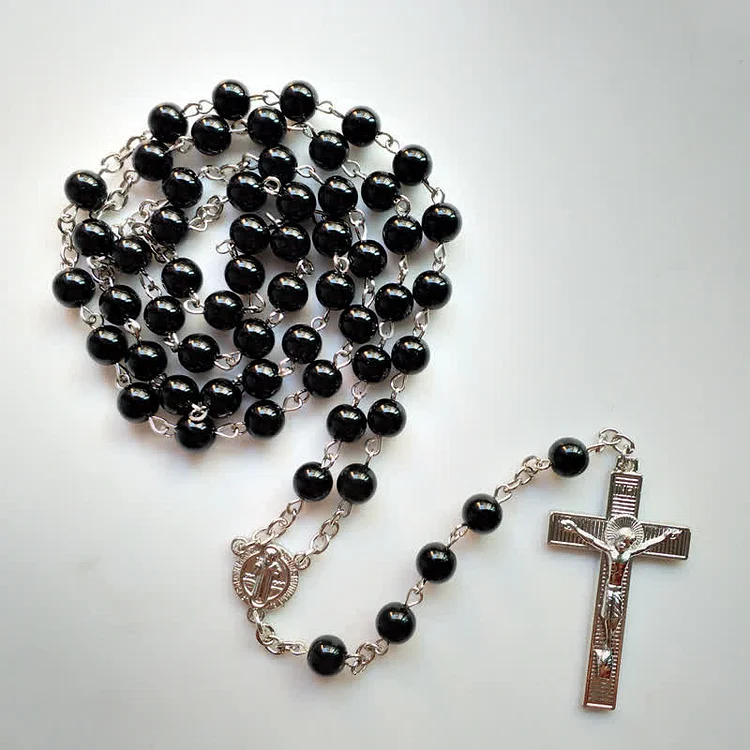 Gothic Cross Black Onyx Rosary Necklace