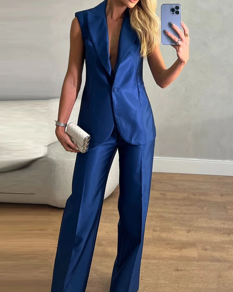 Lapel solid color two piece set