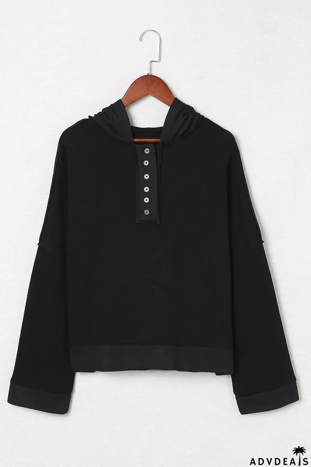 Black Casual Button Solid Patchwork Trim Hoodie