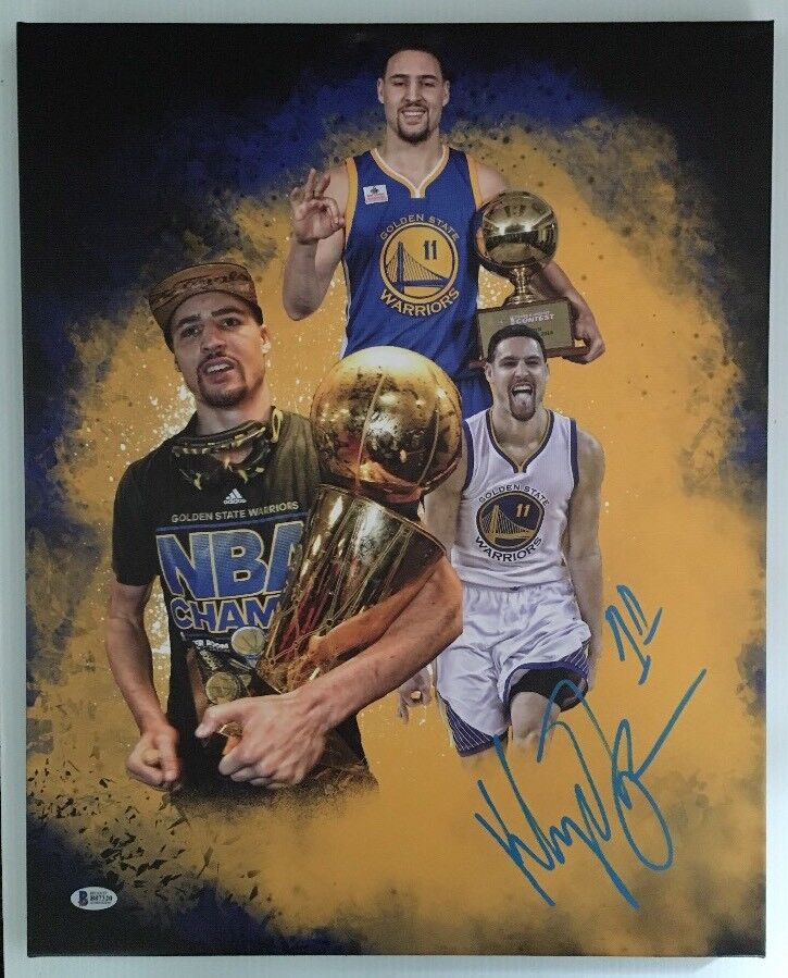 Klay Thompson Signed Autogaphed 16x20 Canvas Golden State Warriors BECKETT COA