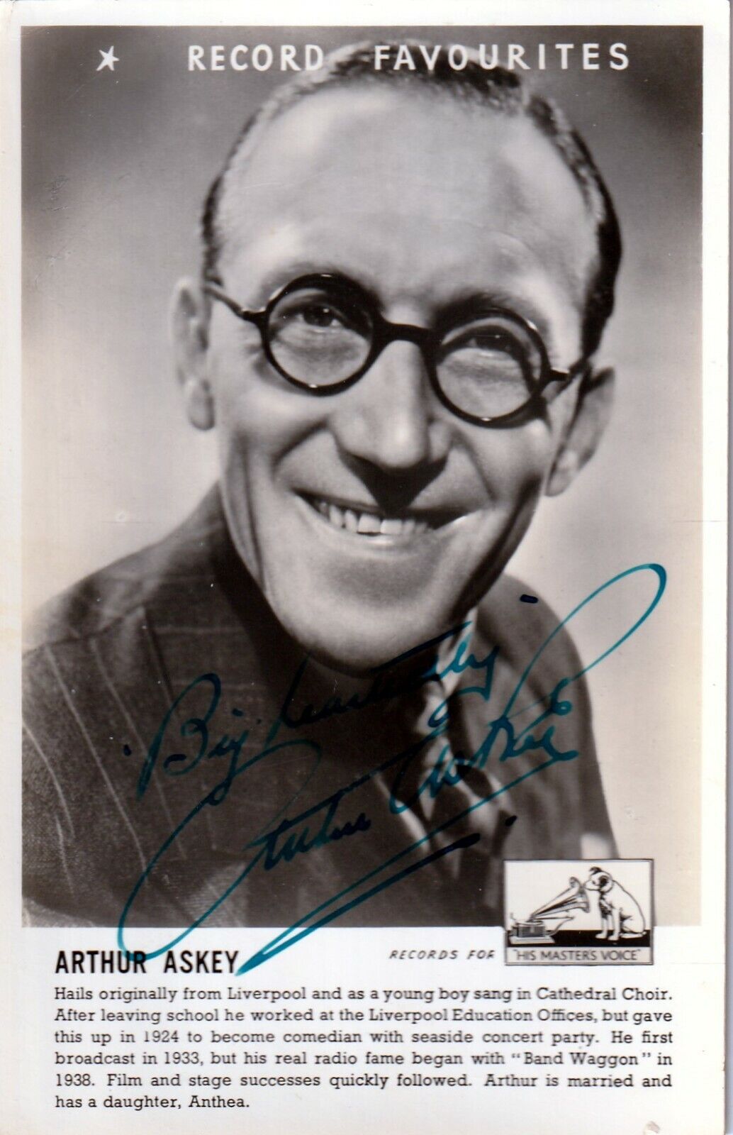 `Hallo Playmates` Great Comic ARTHUR ASKEY signed 3x5 pic