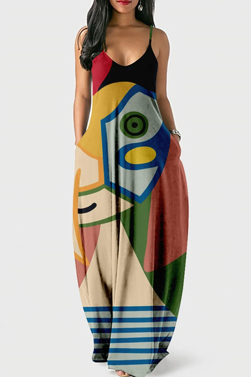 Street Print Patchwork Spaghetti Strap Lantern Dress Dresses