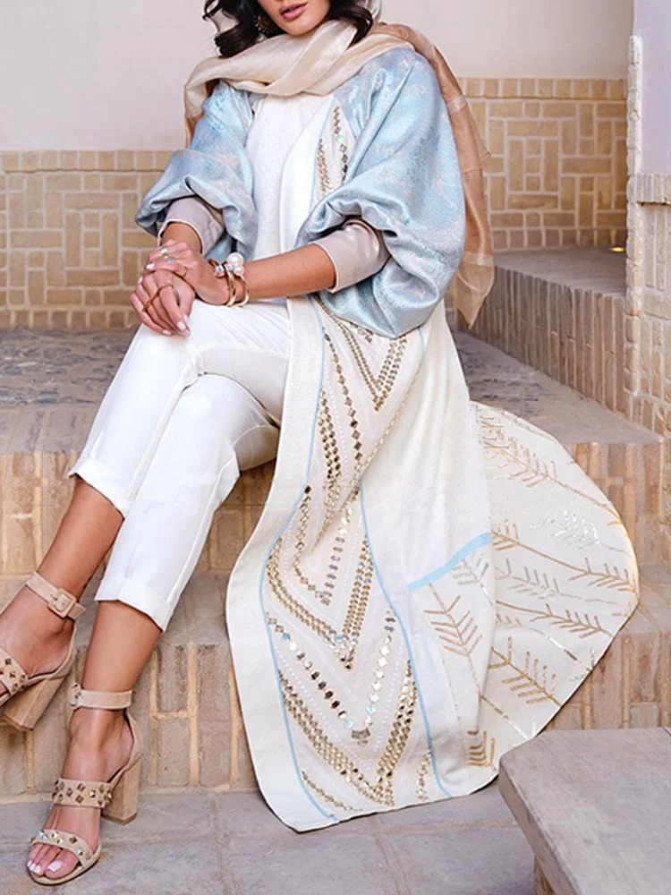 Blue bubble sleeve printed loose cardigan abaya
