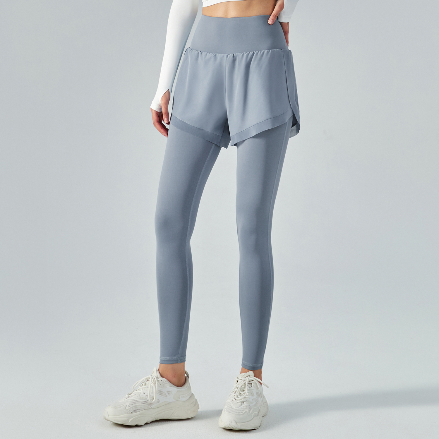 Shop Haze Blue fake 2 pieces high waist butt lifting pocket yoga leggings with shorts online on Hergymclothing