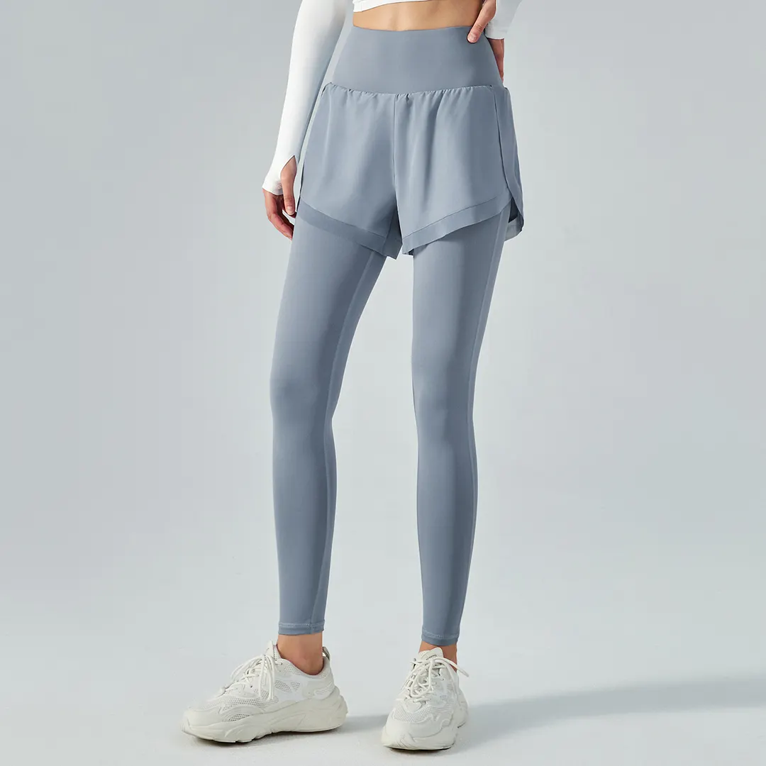 Shop Haze Blue fake 2 pieces high waist butt lifting pocket yoga leggings with shorts online on Hergymclothing