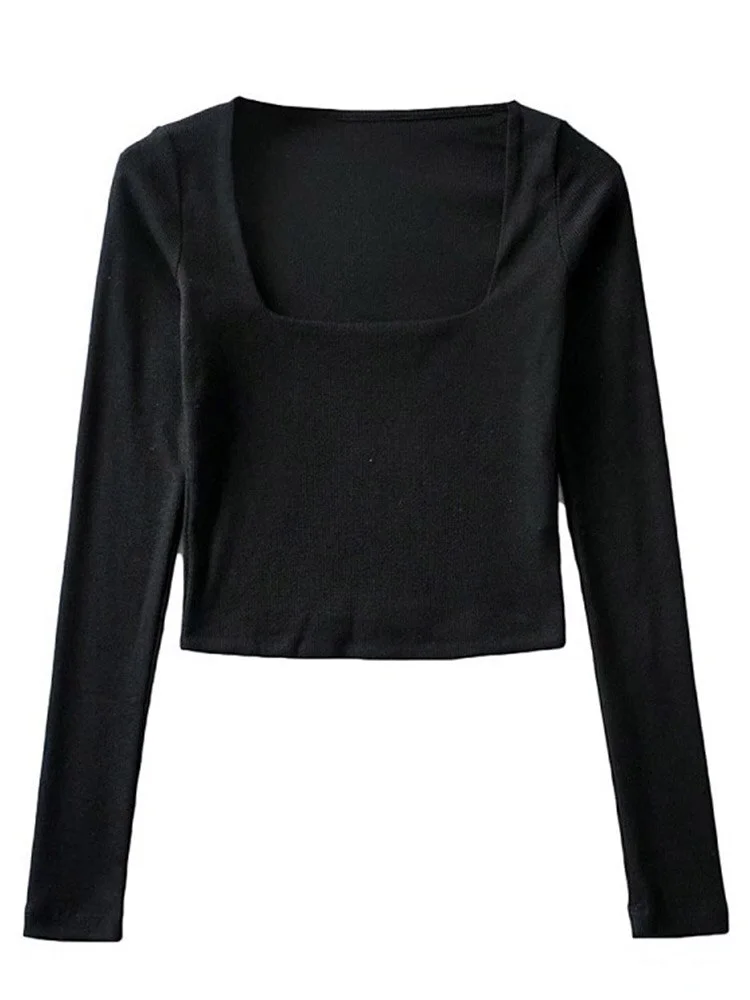 Women Cotton Ribbed Square Neck Crop Top With Long Sleeve