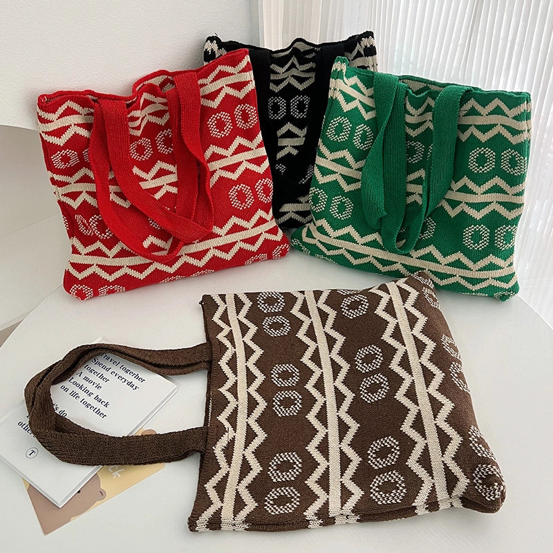 Women’s Knit Stripe Classic Style Weave Square Open Shoulder Bag Handbag