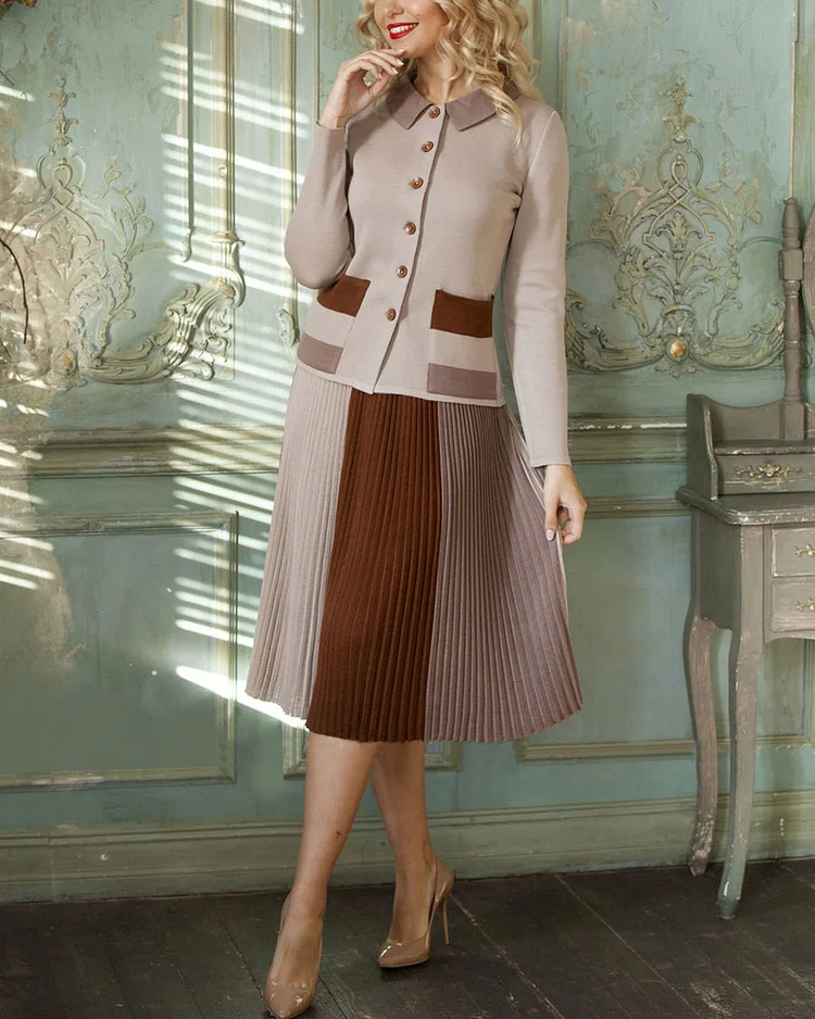 Elegant knitted cardigan and pleated skirt two-piece set