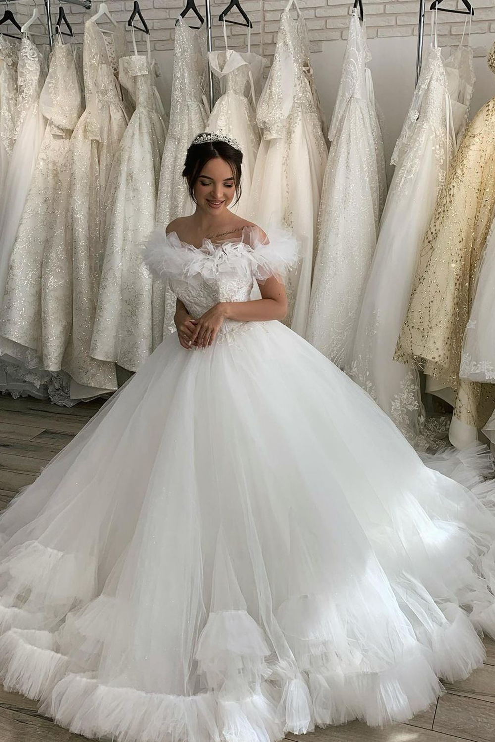 Daisda Pleated Off The Shoulder Ball Gown Wedding Dress With Tulle Ruffles