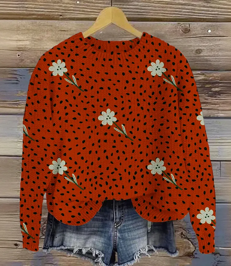 Vintage Lovely Flower Art Print Knit Pullover Sweater
