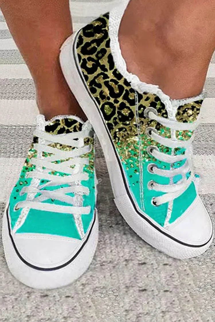 Casual Cyan Leopard Print Gradient Sequins Lace-Up Canvas Shoes