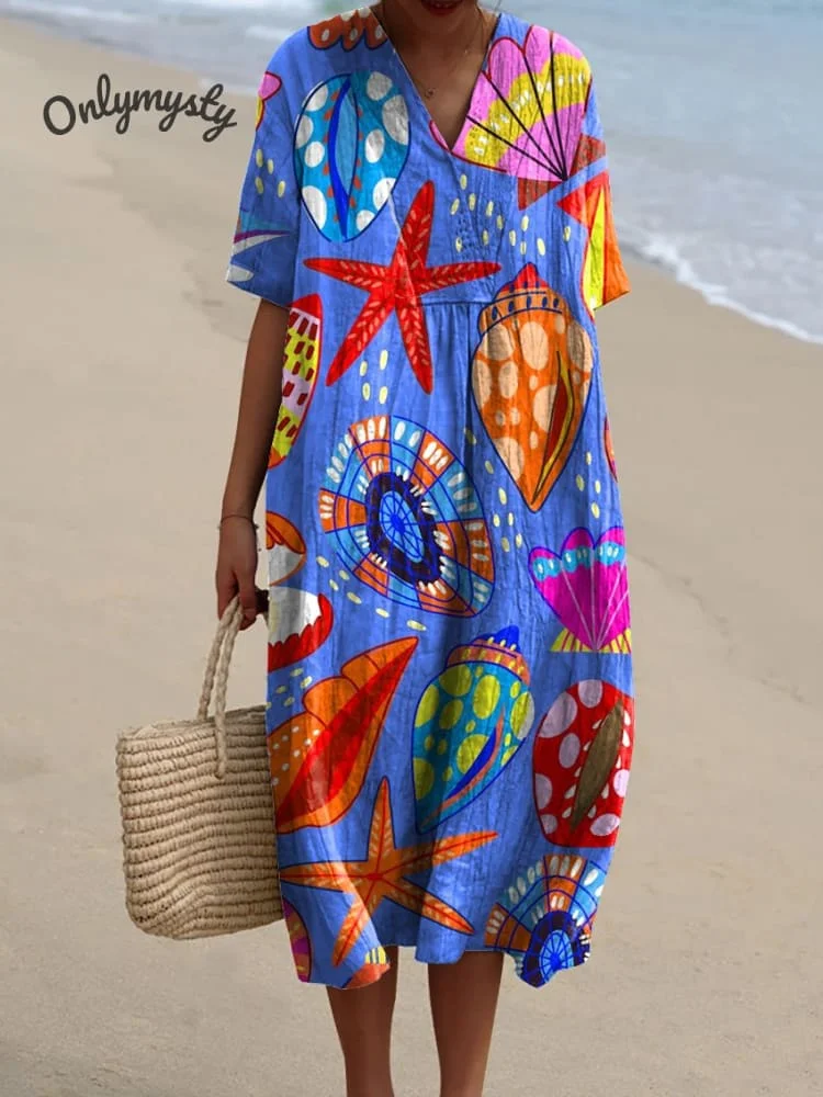 Vibrant Summer Sea Shells Pattern Printed Women's Flowy Dress