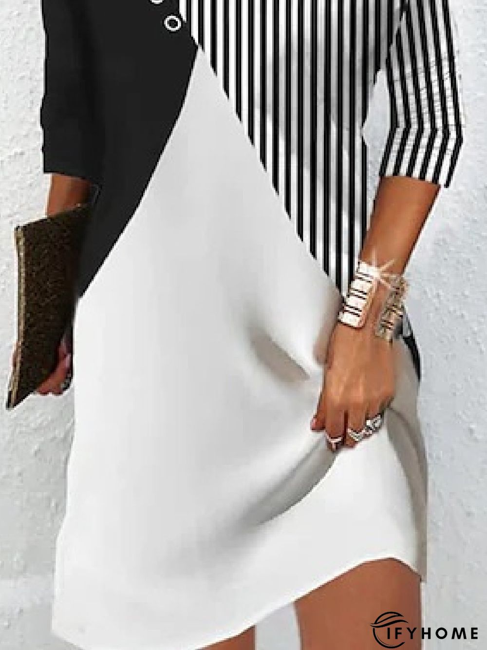 Women Striped Casual Autumn Lightweight Daily Jersey Standard Three Quarter Regular Size Tunic Dress | IFYHOME