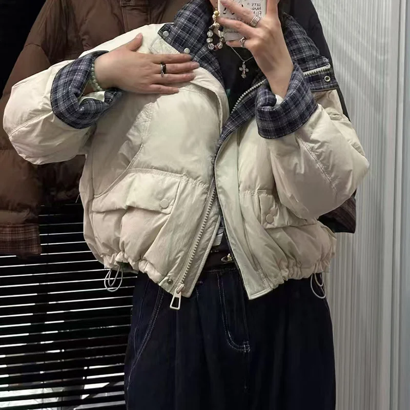 Toloer Grid Splicing Down Jacket Female Short 2024 New Retro Sweet And Thick White Duck Velvet Bread Coat-Outfit Ideas
