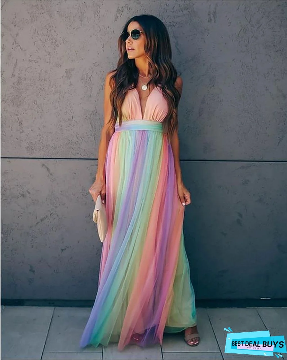 Women's Swing Dress Maxi Long Dress Sleeveless Print Zipper Mesh Summer Sexy Rainbow