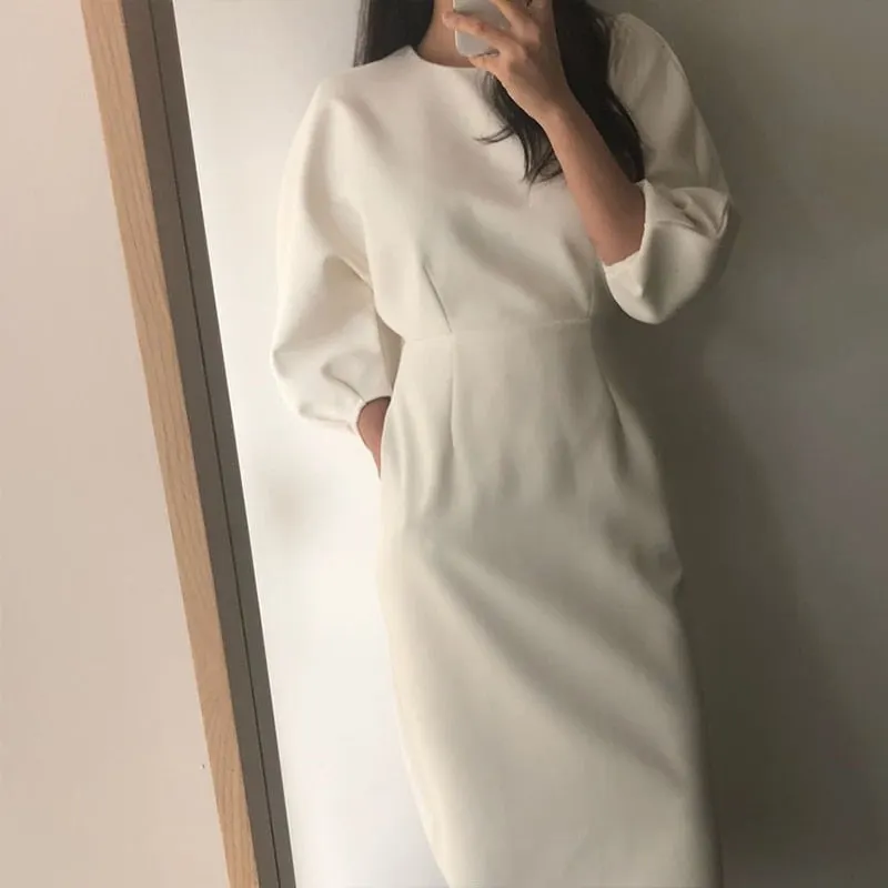 Elegant Ladies Office Dress Fashion Sexy Solid Color Dress Women Slim Midi Dress Vestidos OL Christmas Clothes