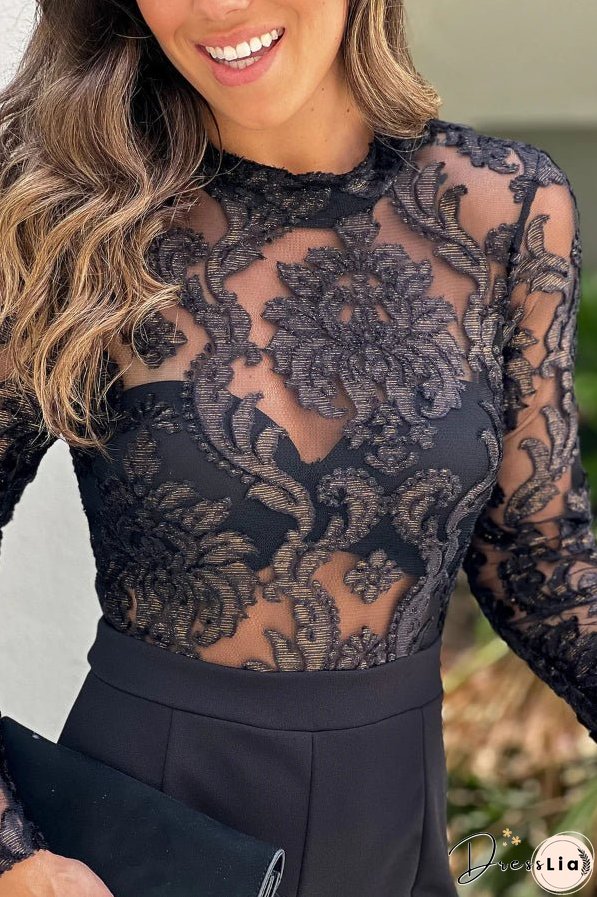 BLACK JUMPSUIT WITH LONG SLEEVE EMBELLISHED TOP