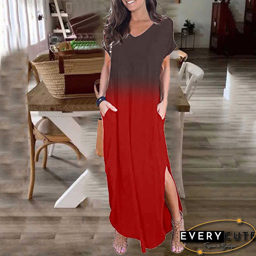 Summer New Women Boho Tie-Dye Pullover Short Sleeve Maxi Beach Sundress Casual Loose Long Slip Dress