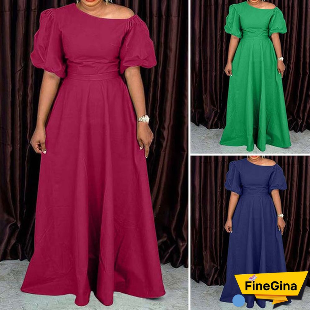 Women Puff Sleeve High Waist Diagonal Shoulder Dress Solid Baggy Swing Dress Maxi Prom Dress