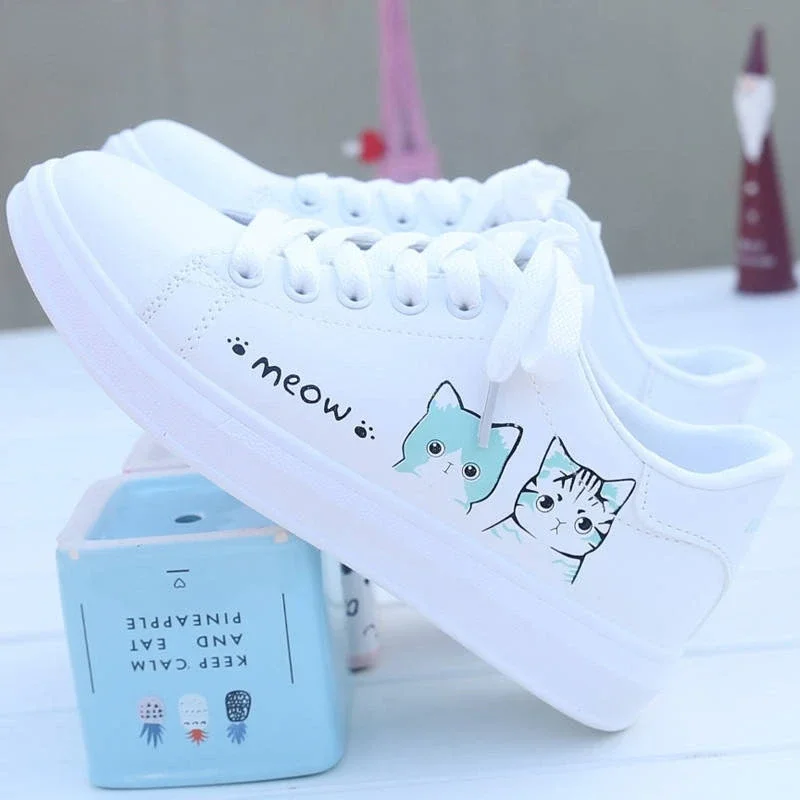 Zhungei Women Sneakers Fashion Breathble Vulcanized Shoes Pu Cute Cat Cartoon Lace Up Casual White Women Shoes Zapatos De Mujer Female