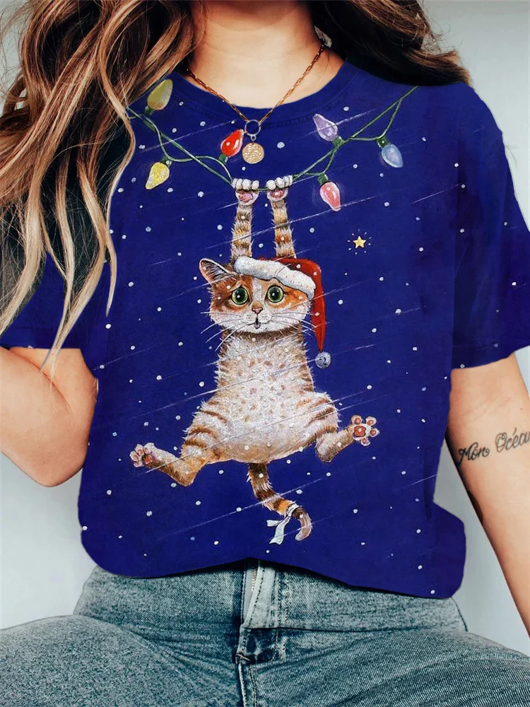 Women's Santa Hat Cat Colorful Light Bulb Necklace Casual T-Shirt
