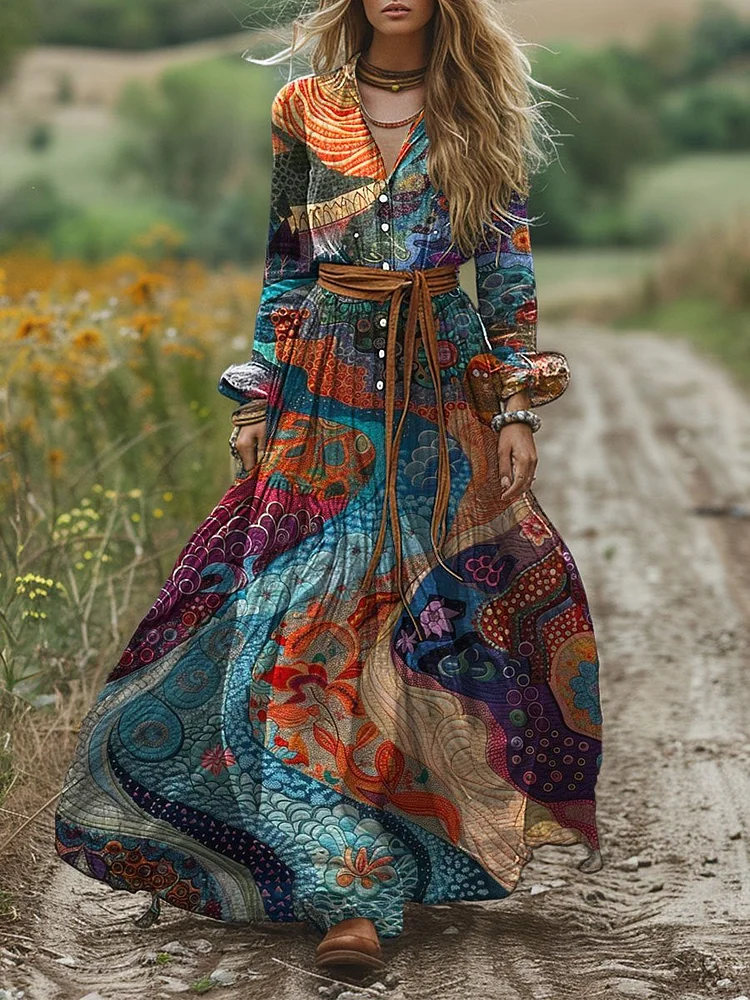 Women's Colorful Rainbow Color Matching Print Pocket Cotton Dress