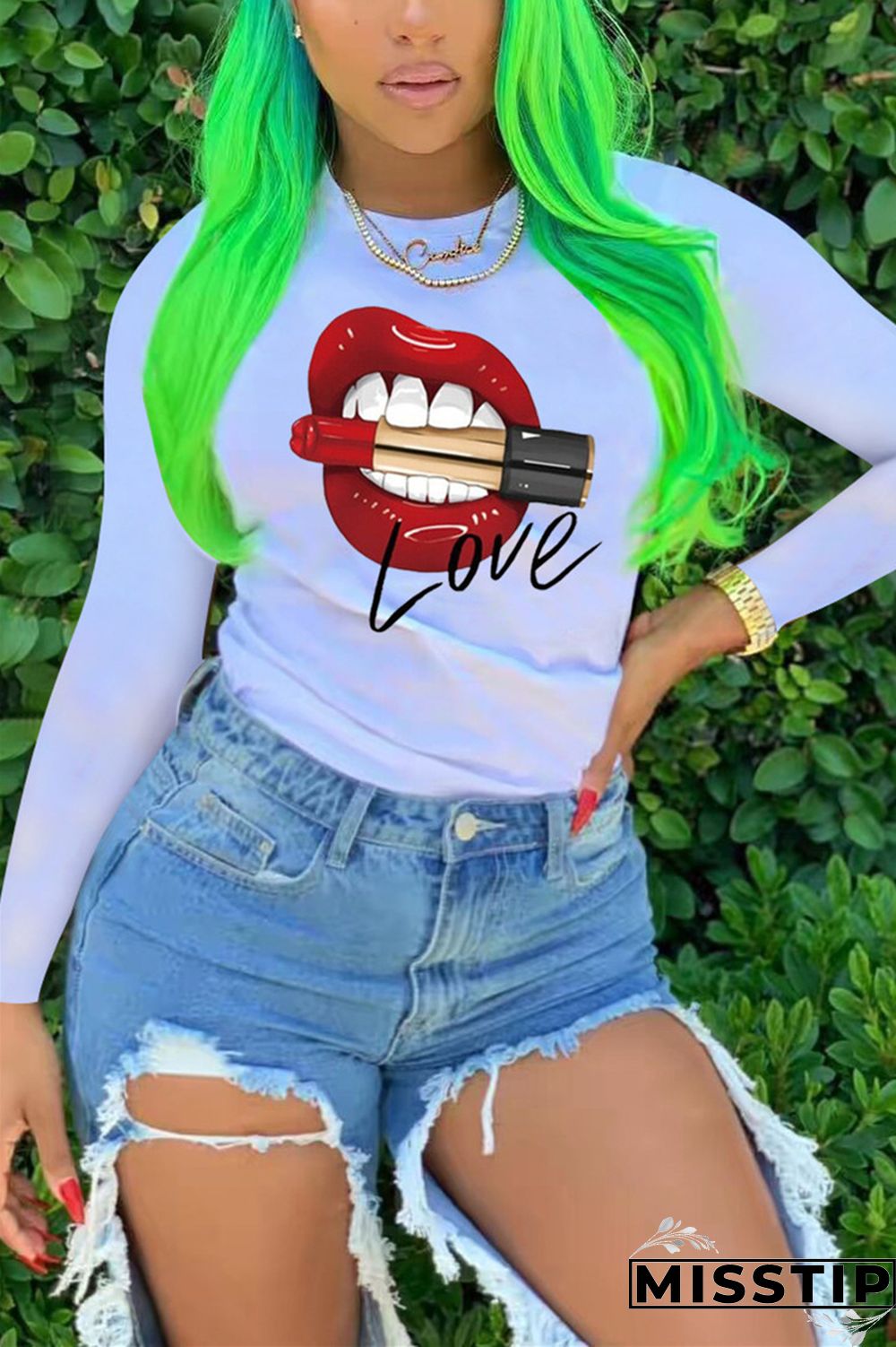 White O Neck Long Sleeve Print Tops
