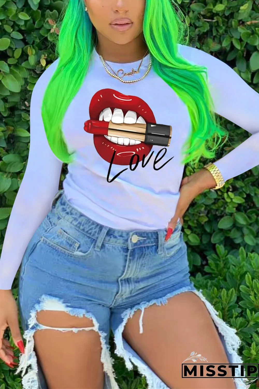 White O Neck Long Sleeve Print Tops