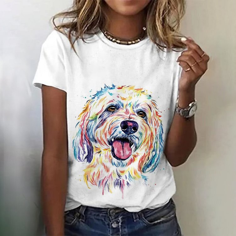 Artwishers Casual Short Sleeve Dog Print T-Shirt
