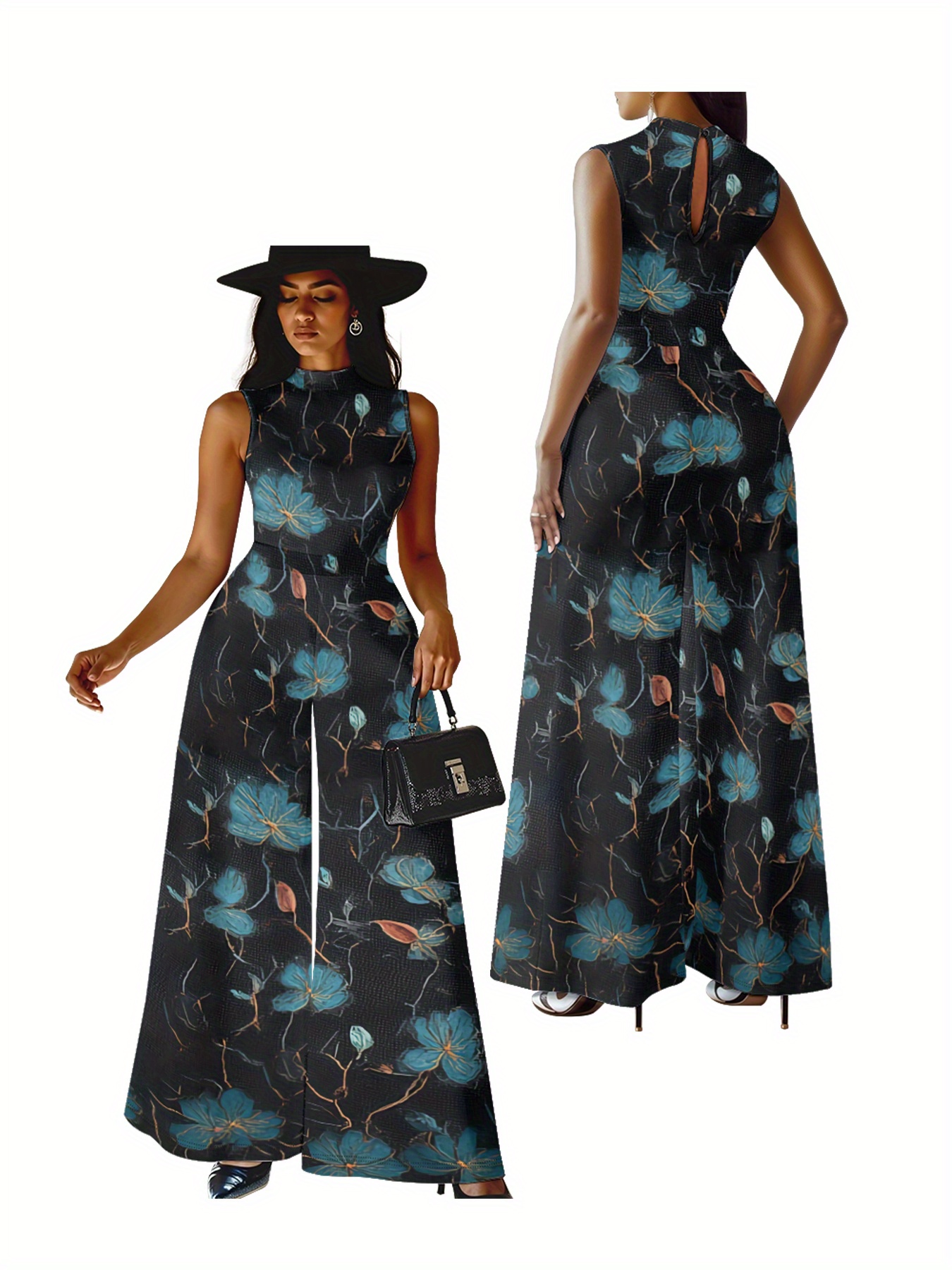 Plus Size, Women's Elegant Sleeveless Jumpsuit - Non-Stretchy Formal & Casual Outfit, Office Party Wedding Attire - Plus Size Friendly Elegant One-Piece Pantsuit For Women, Event Wear, Graceful Silhouette | IFYHOME