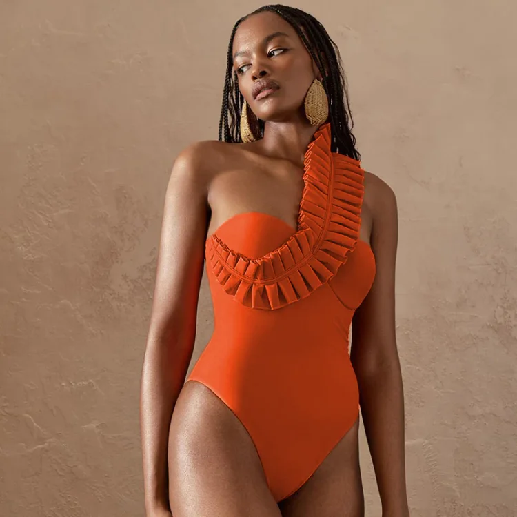 One Shoulder Ruffle One Piece Orange Swimsuit and Sarong Flaxmaker