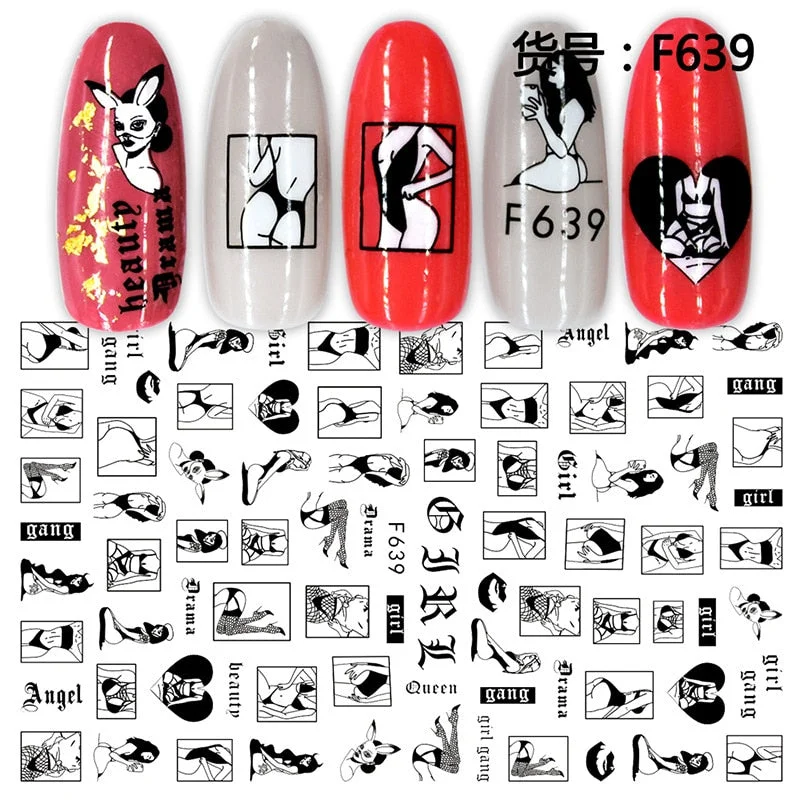 1pc 3D Nail Sticker Sexy Girls Leaves Letter Design Nail Art Decorations Cool Slider Manicure Accessories DIY Tips-Nail Inspo