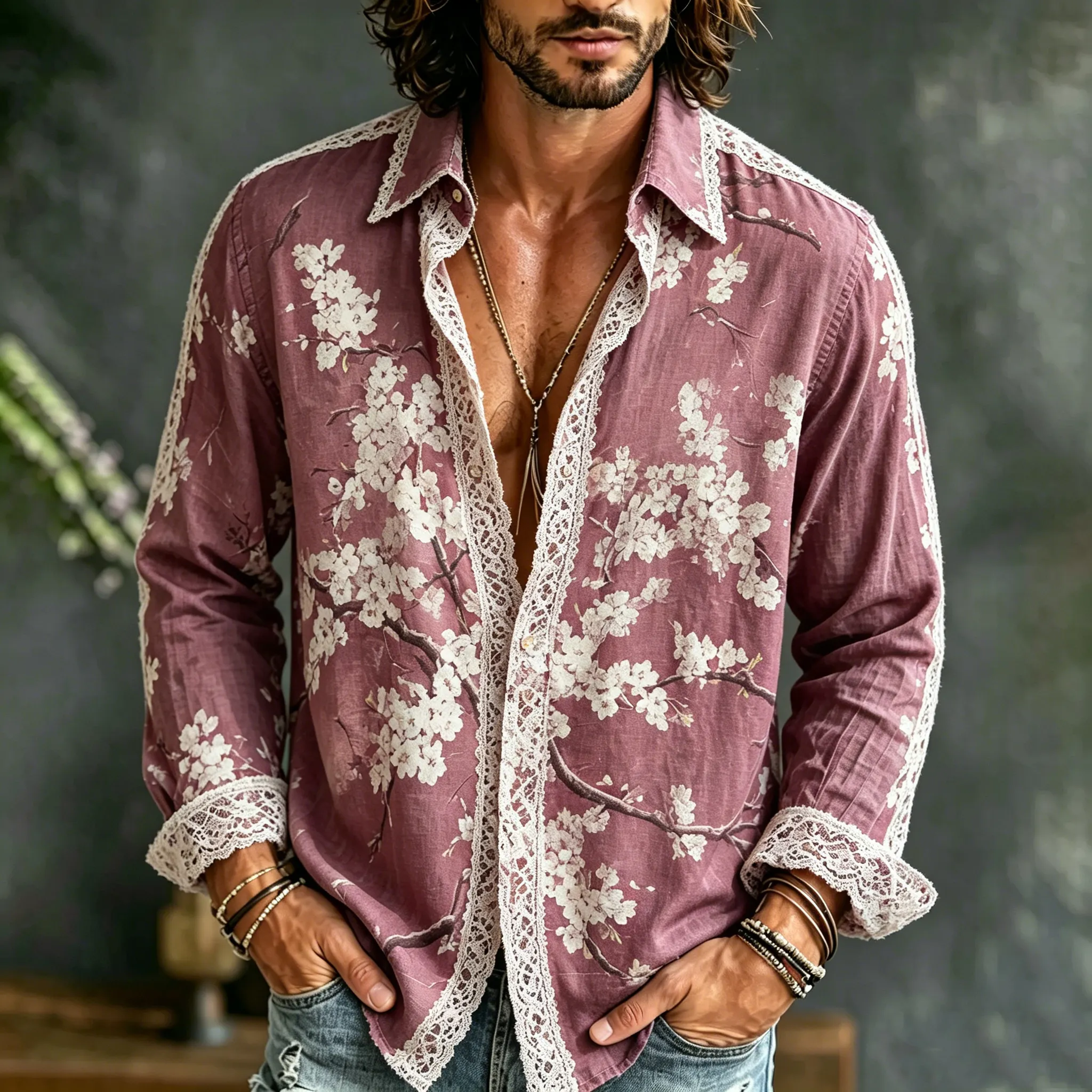 Men's Vintage Japanese Cherry Blossom Pattern Casual Shirt elevenforest