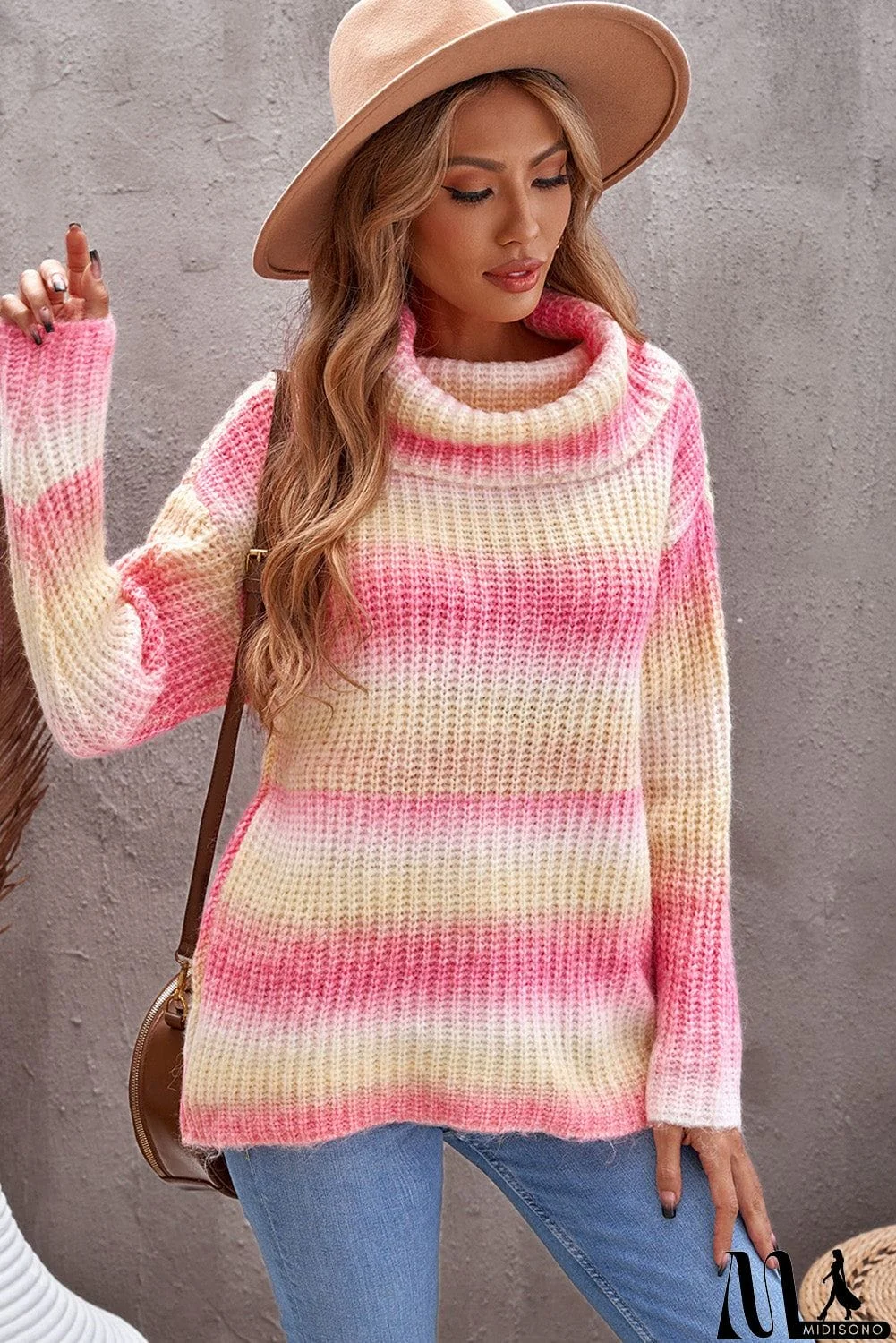MidiSono - Cowl Neck Ombre Knit Sweater