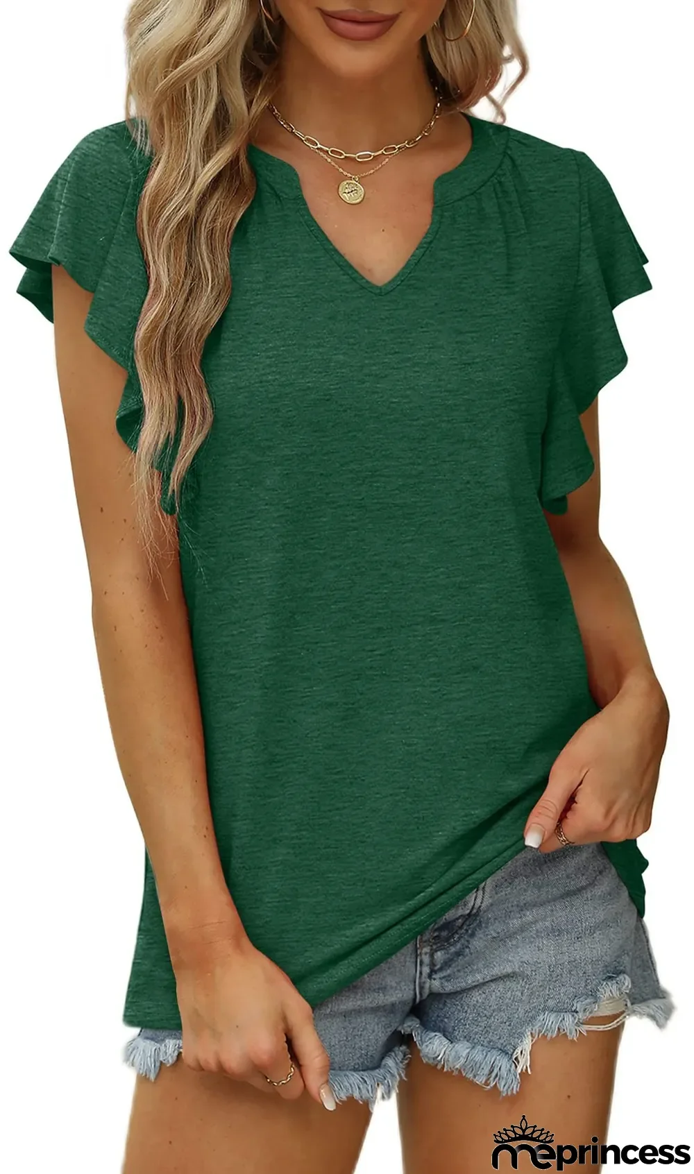 Summer Sexy V-Neck Ruffled Solid Color Short-Sleeved T-Shirt