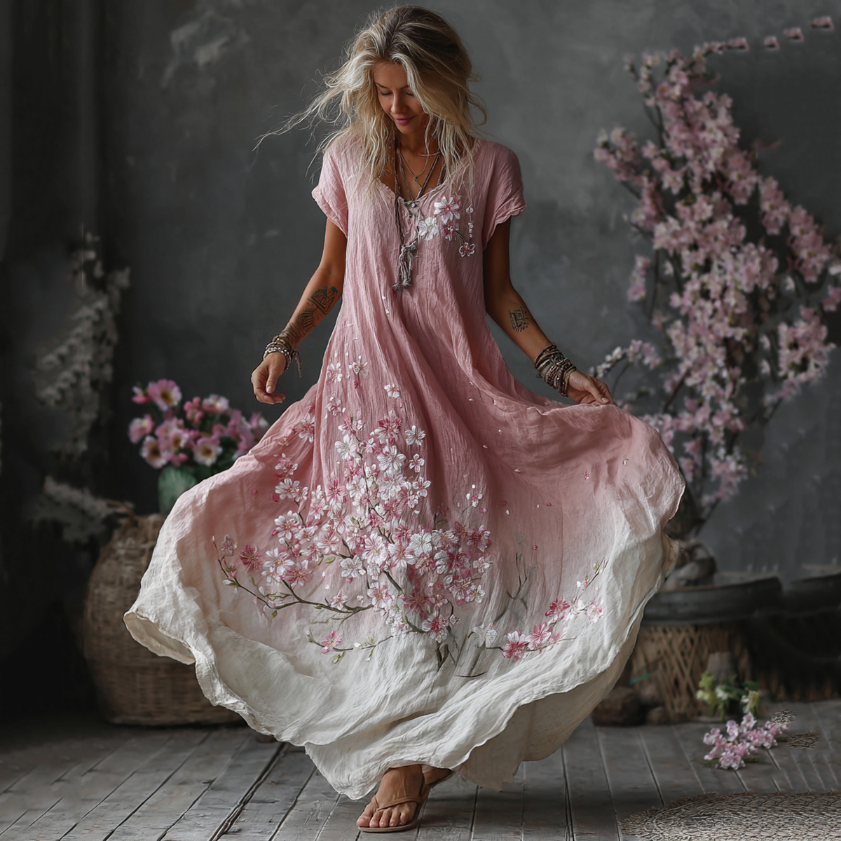 Women's Embroidered Floral Gradient Print V-neck Maxi Dress elevenforest