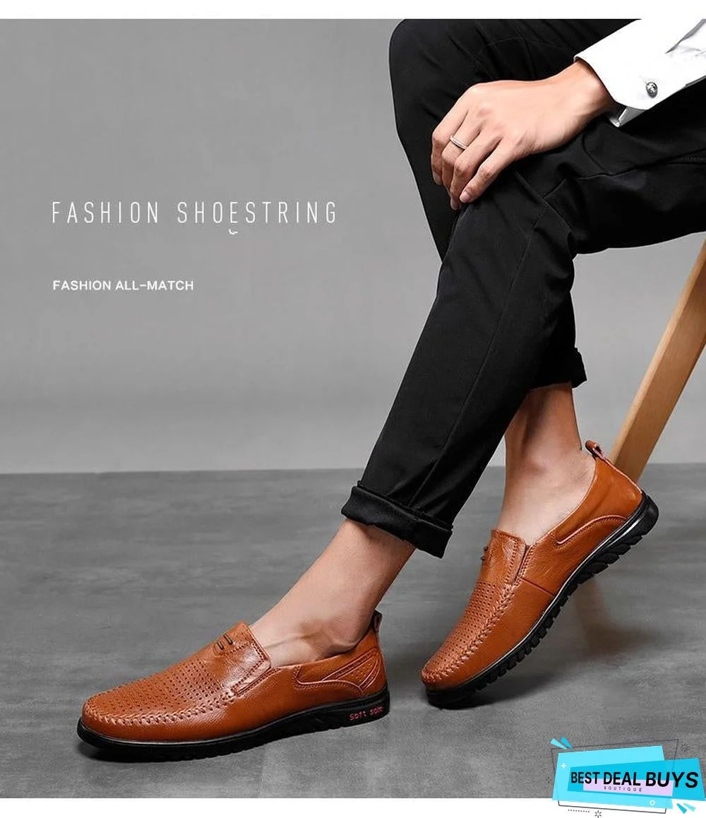 New Openwork Men Black Loafer Perforated Shoes Leather Flats Driving Shoes Business Men's Shoes