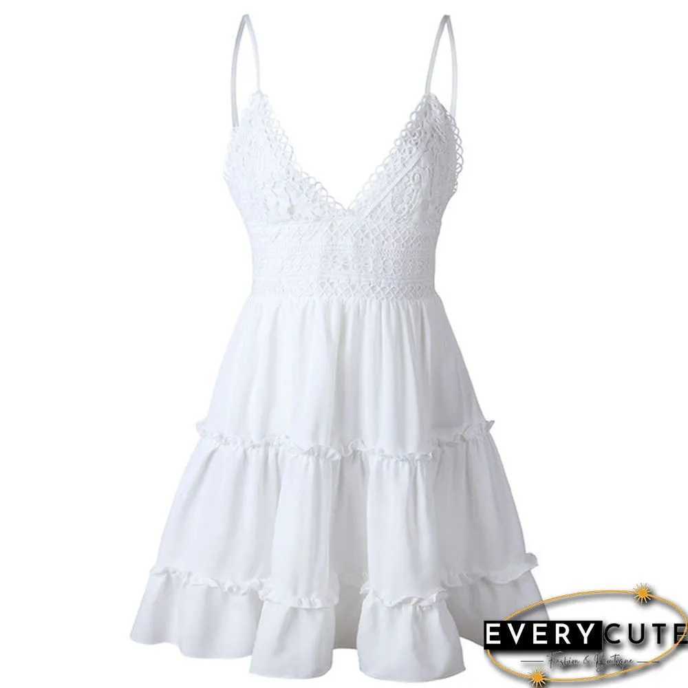 Women Summer Boho Lace V-Neck Sling Mini Dress Solid Color Dress