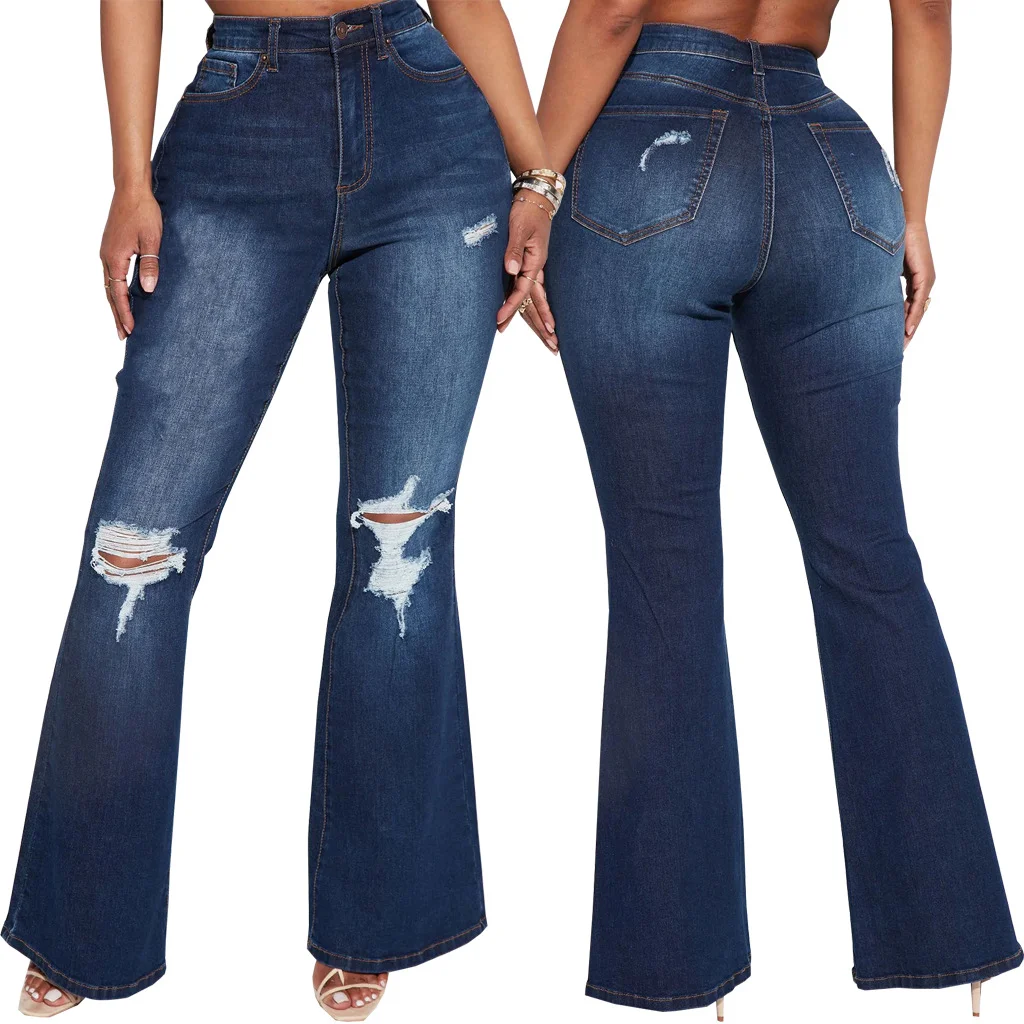 Women's High-waisted Slim Fit Ripped Denim Flared Jeans Pant
